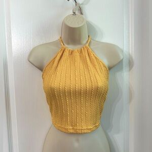 Yellow Halter Neck Lace Up Back Women's Crop Top